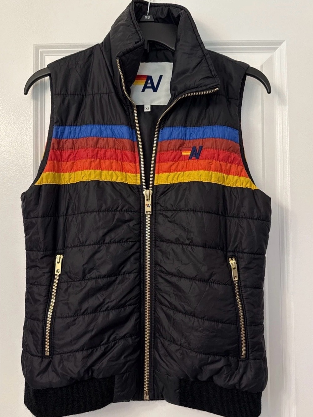 Aviator Nation XS Black Quilted Vest with Blue, Red, Orange & Yellow Stripes